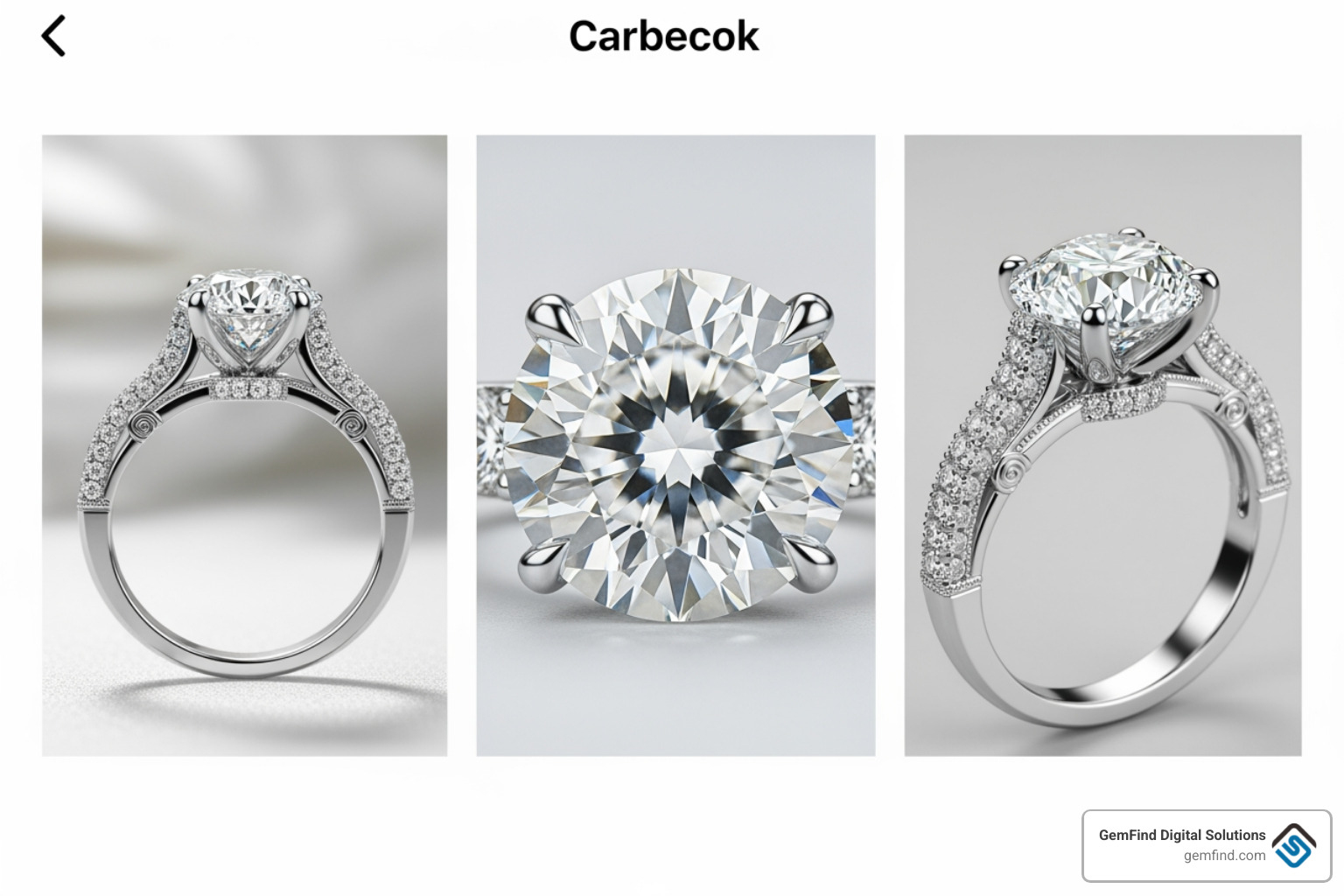 A carousel ad showcasing different angles of an engagement ring with close-ups of the diamond and band - Facebook ads jewelry