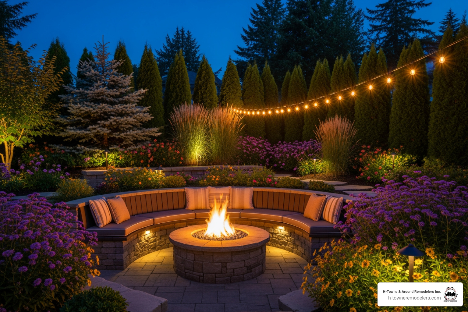 cozy outdoor fire pit area with integrated seating - Outdoor living space