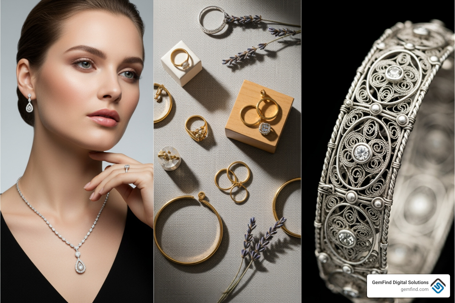 Collage showing examples of high-quality jewelry product photography (on-model, flat lay, detail shots) - jewelry store shopify