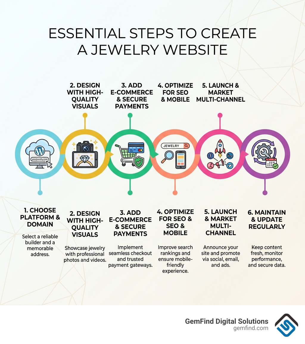 Infographic showing the essential steps to create a jewelry website: 1) Choose your platform and domain, 2) Design your site with high-quality visuals, 3) Add e-commerce functionality and secure payment options, 4) Optimize for SEO and mobile devices, 5) Launch and market through multiple channels, 6) Maintain and update regularly - create a jewelry website infographic 