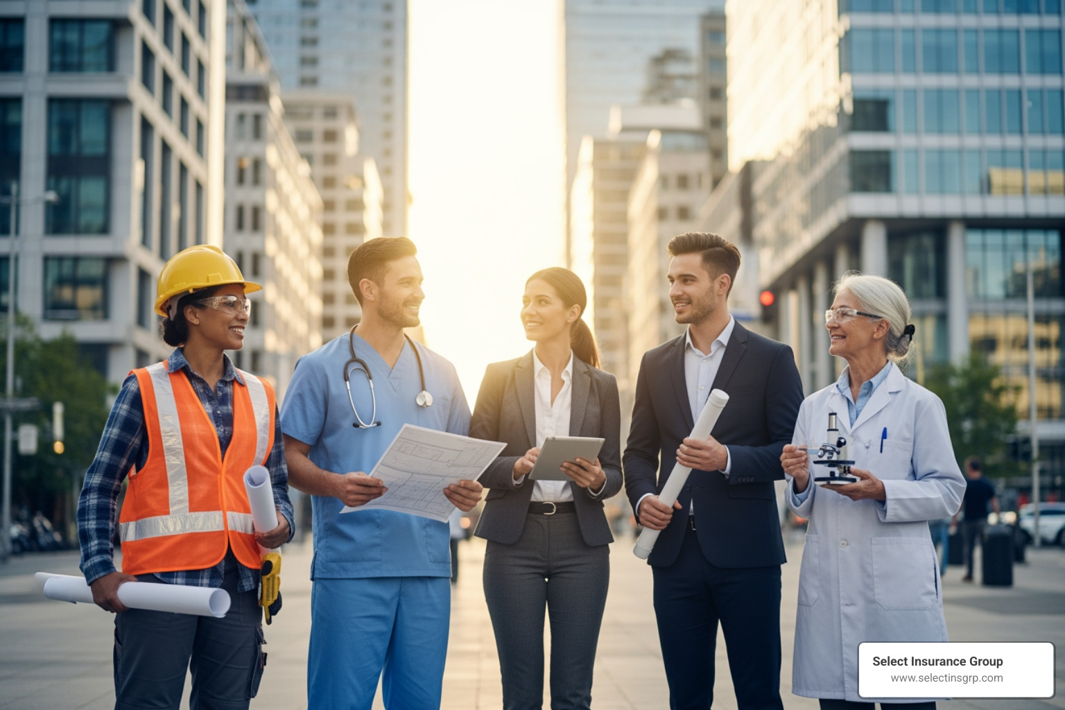 a diverse group of Jacksonville professionals (e.g., a construction worker, a doctor, a logistics manager) - jacksonville business insurance