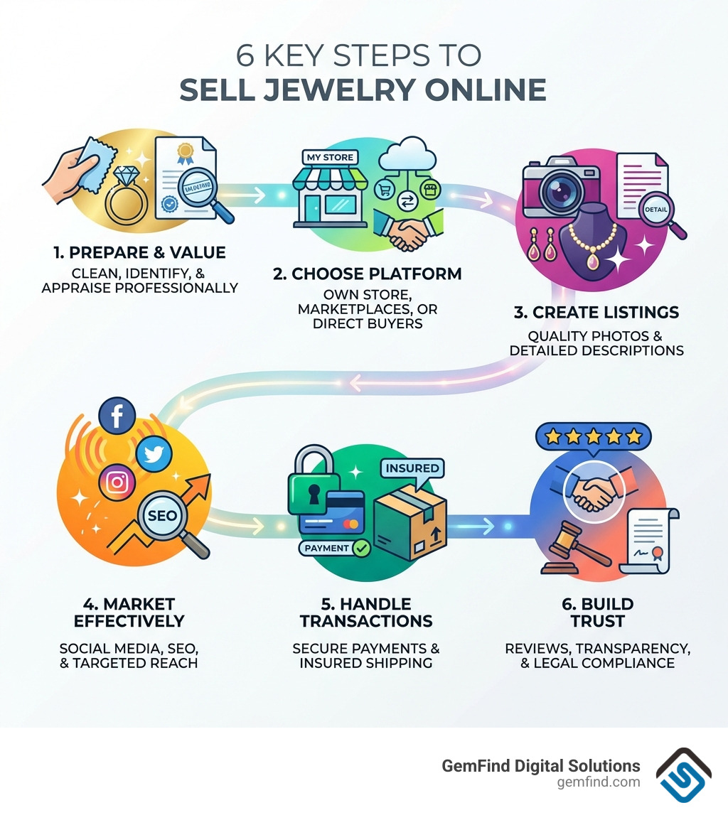 Infographic showing the 6 key steps to sell jewelry online: 1. Prepare and value your jewelry with cleaning and professional appraisal, 2. Choose your selling platform from own store, marketplaces, or direct buyers, 3. Create compelling listings with quality photos and detailed descriptions, 4. Market effectively through social media and SEO, 5. Handle transactions securely with trusted payment processors and insured shipping, 6. Build trust through reviews, transparency, and legal compliance - Sell jewelry online infographic 
