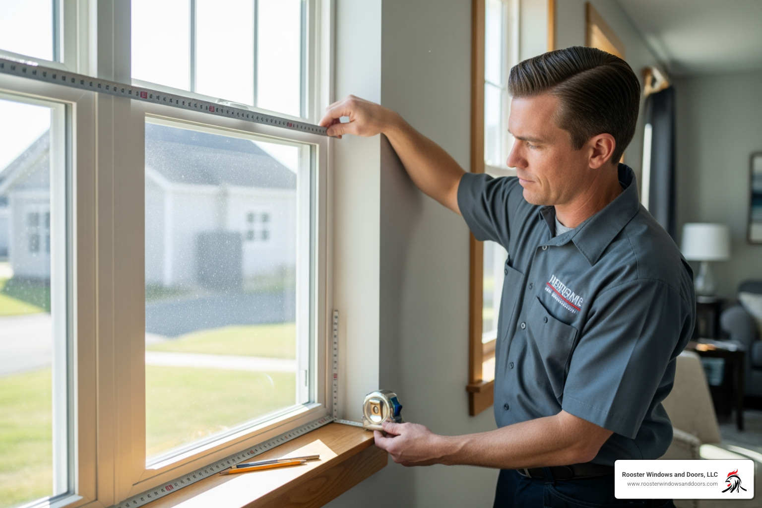 professional installer carefully measuring a window frame - window replacement company professional installer carefully measuring a window frame - window replacement company