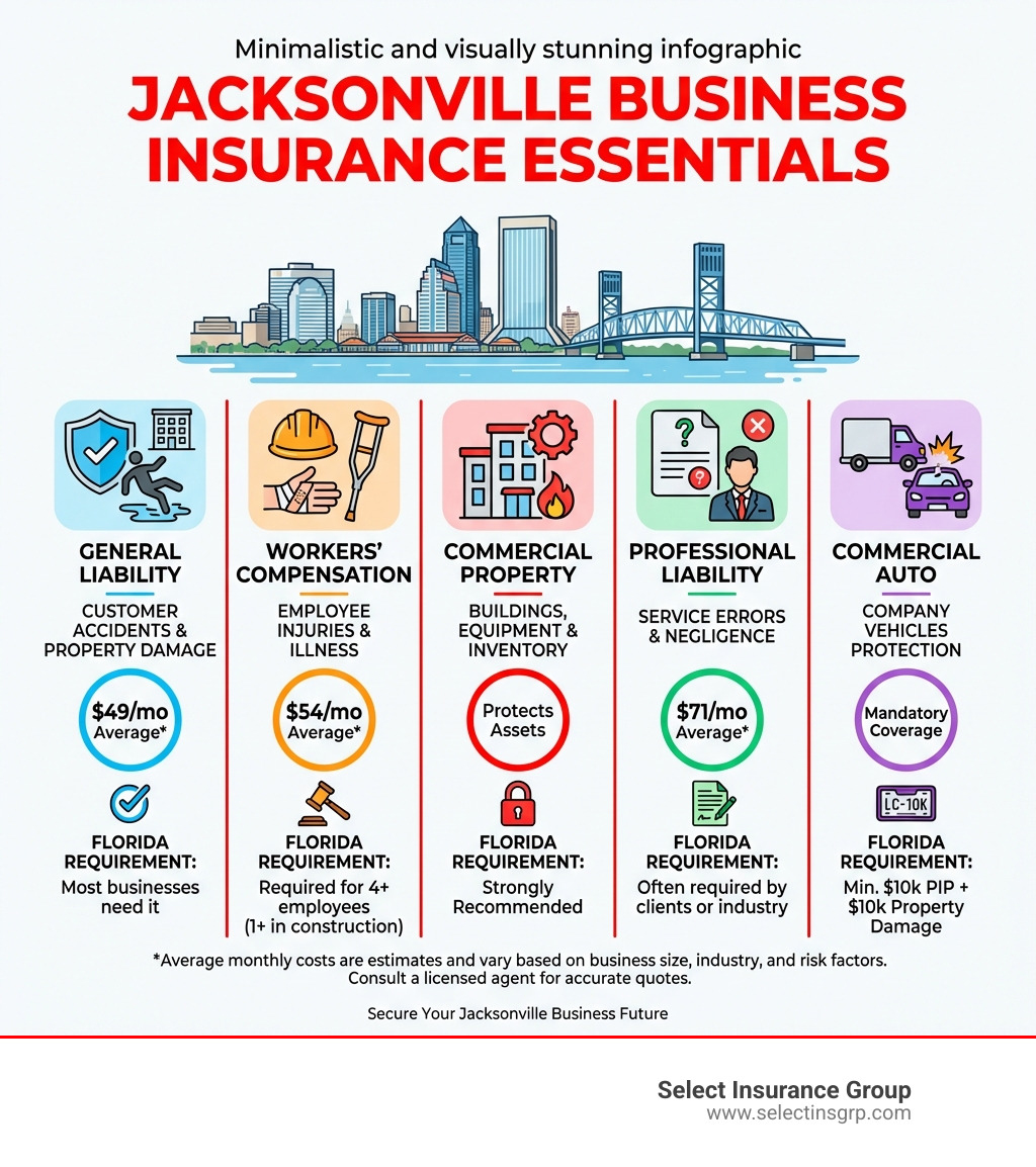 Infographic showing essential Jacksonville business insurance types: General Liability protecting against customer accidents, Workers Compensation covering employee injuries, Commercial Property insuring buildings and equipment, Professional Liability covering service errors, and Commercial Auto protecting company vehicles—with average monthly costs and Florida requirements for each - jacksonville business insurance infographic 