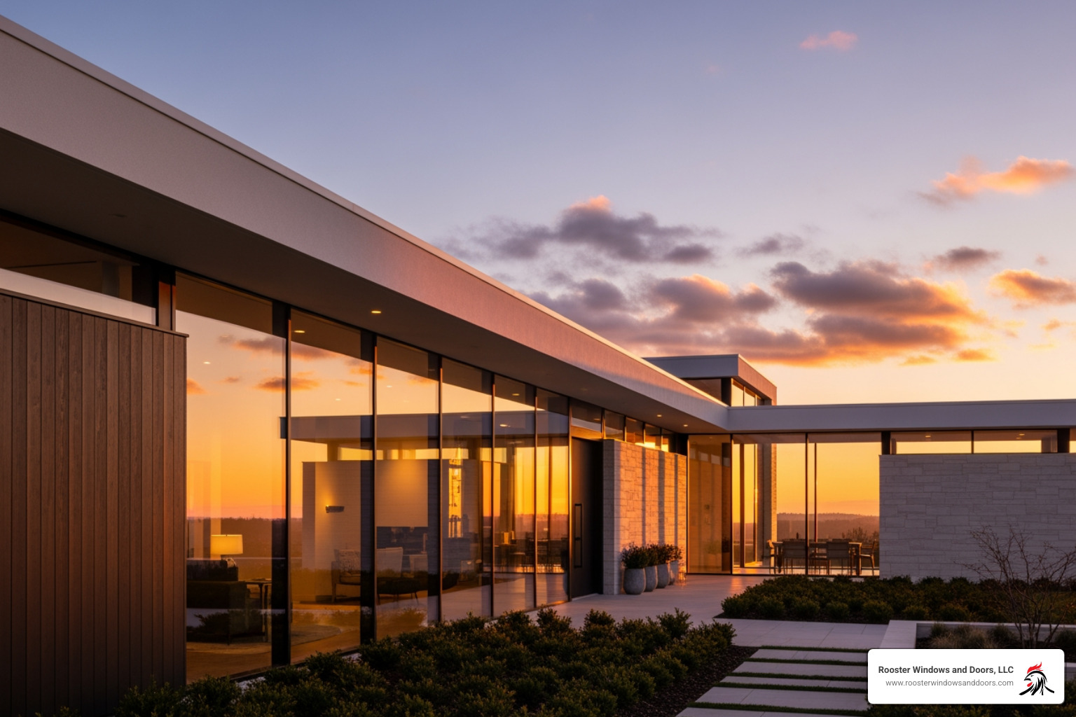 modern home with large windows at sunset - window replacement company modern home with large windows at sunset - window replacement company