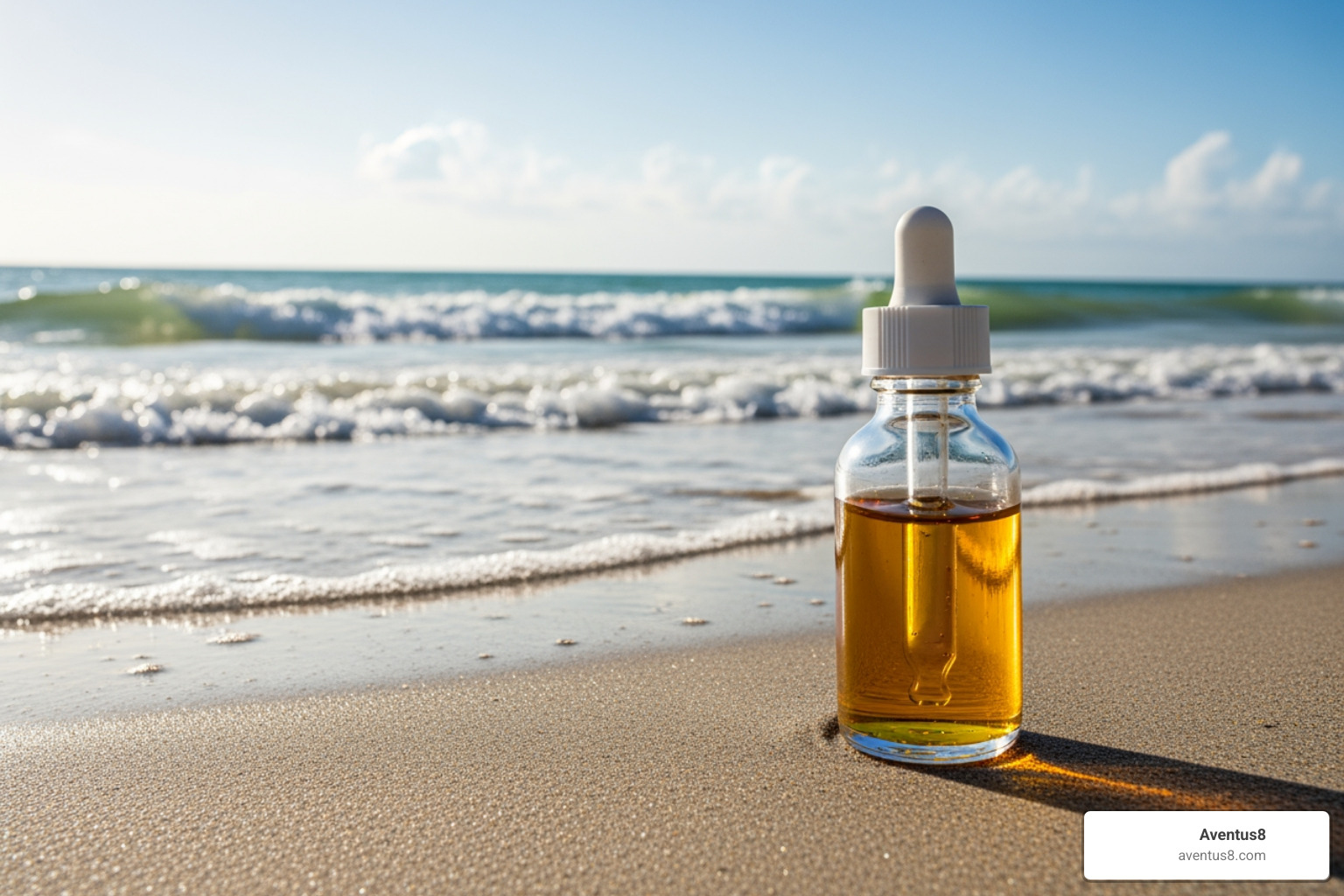 THC oil bottle on serene Hollywood Florida beach - THC oil for anxiety