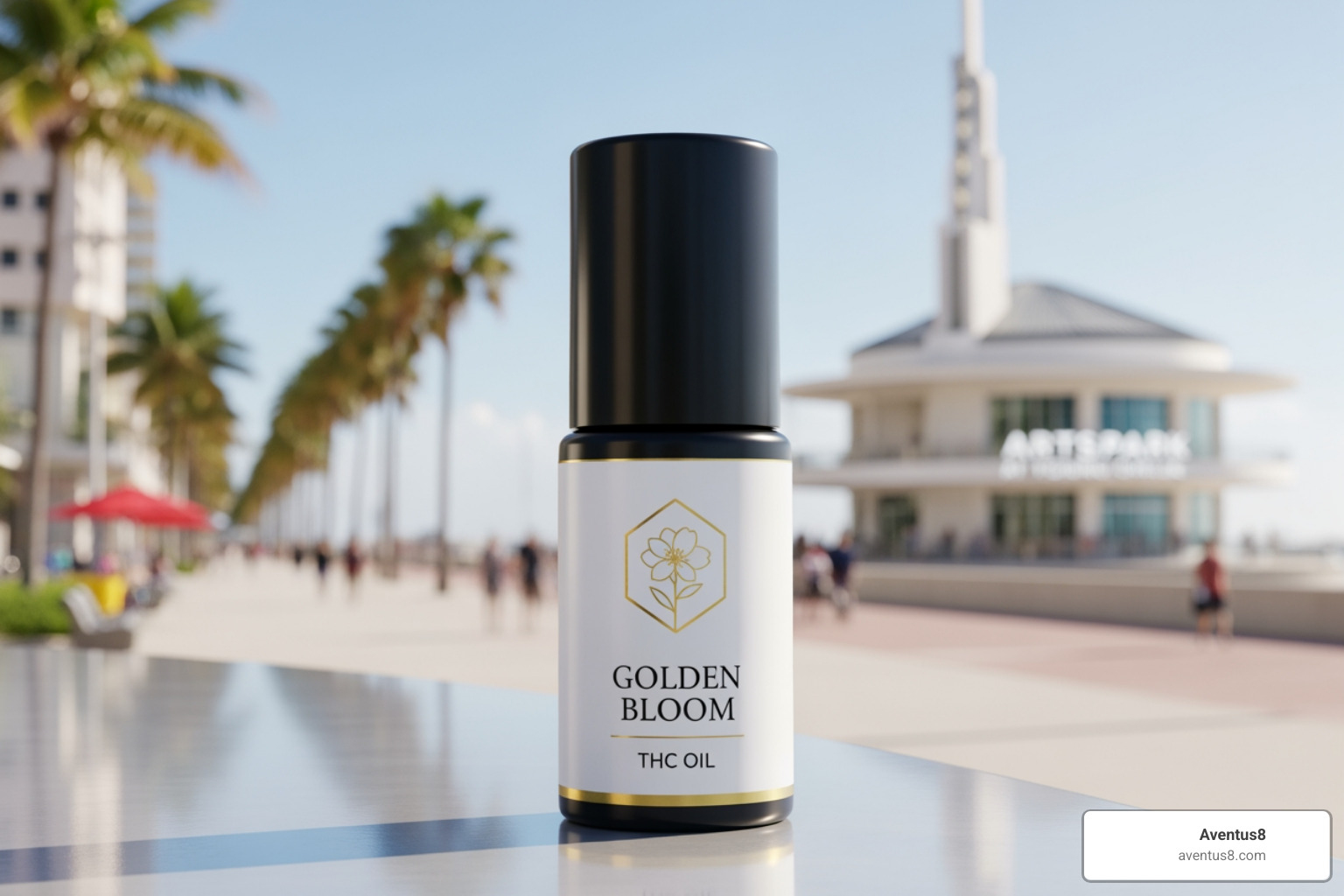 Stylish modern product shot of THC oil with Hollywood, FL landmarks - THC oil for anxiety