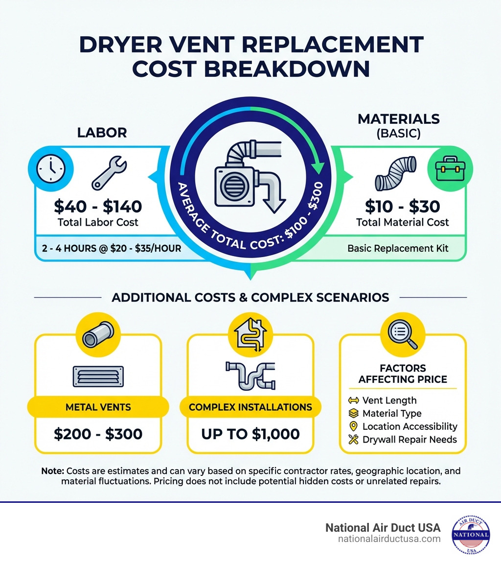 Infographic showing dryer vent replacement cost breakdown: $100-$300 average total cost split between labor ($40-$140 for 2-4 hours at $20-$35/hour) and materials ($10-$30 for basic replacement kit), with additional costs for metal vents ($200-$300), complex installations (up to $1,000), and factors affecting price including vent length, material type, location accessibility, and drywall repair needs - how much does it cost to replace dryer vent infographic Infographic showing dryer vent replacement cost breakdown: $100-$300 average total cost split between labor ($40-$140 for 2-4 hours at $20-$35/hour) and materials ($10-$30 for basic replacement kit), with additional costs for metal vents ($200-$300), complex installations (up to $1,000), and factors affecting price including vent length, material type, location accessibility, and drywall repair needs - how much does it cost to replace dryer vent infographic