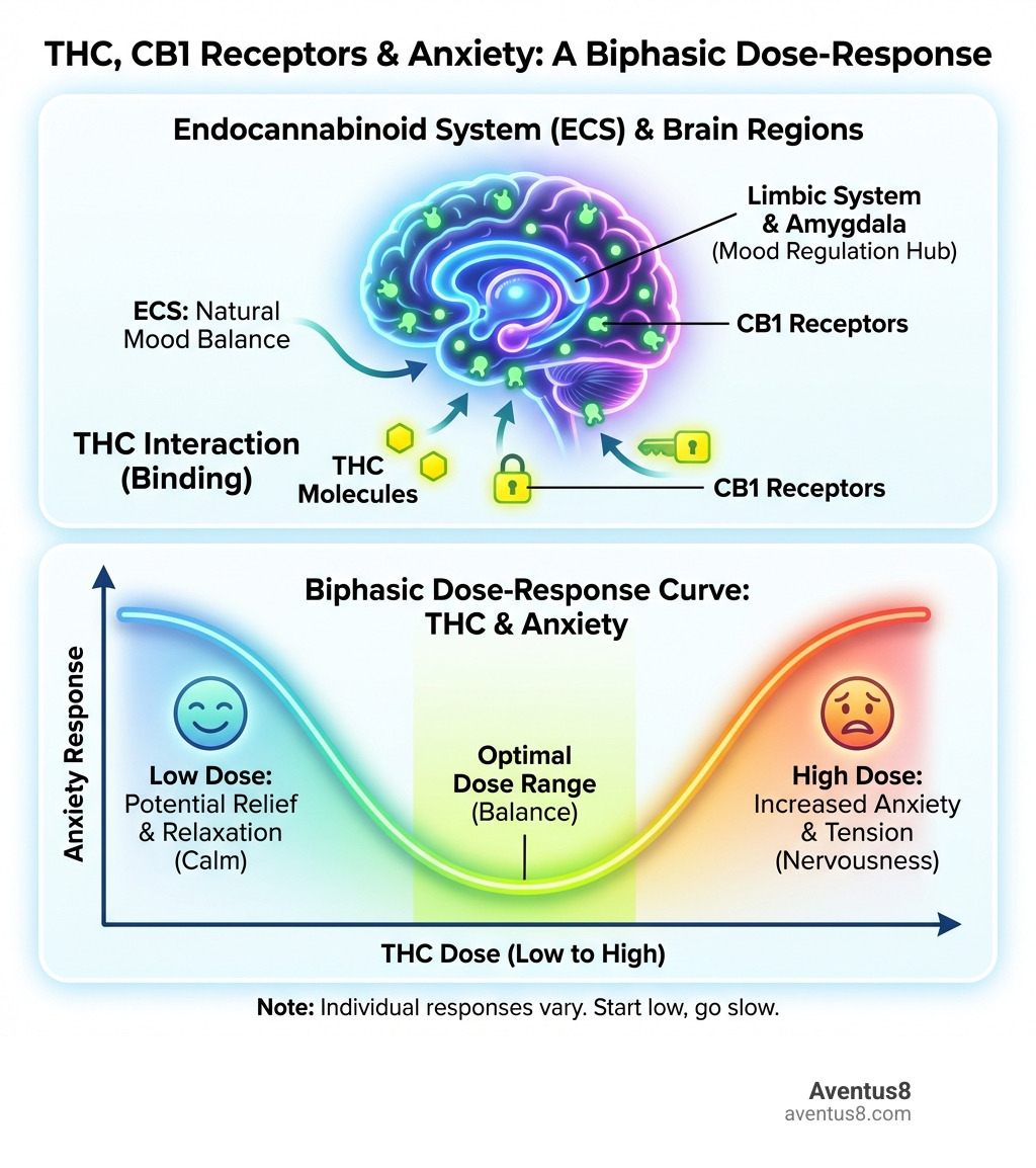 Infographic showing how THC interacts with CB1 receptors in the brain's limbic system and amygdala to influence anxiety responses, including visual representation of the biphasic dose-response curve and the endocannabinoid system's role in mood regulation - THC oil for anxiety infographic 
