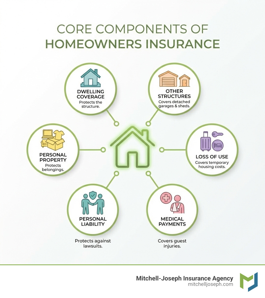 infographic showing the six core components of homeowners insurance: dwelling coverage protects the structure, other structures covers detached garages and sheds, personal property protects belongings, loss of use covers temporary housing costs, personal liability protects against lawsuits, and medical payments covers guest injuries - insurance for new home buyers infographic infographic showing the six core components of homeowners insurance: dwelling coverage protects the structure, other structures covers detached garages and sheds, personal property protects belongings, loss of use covers temporary housing costs, personal liability protects against lawsuits, and medical payments covers guest injuries - insurance for new home buyers infographic