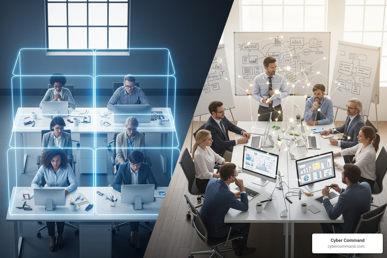 Image illustrating the contrast between traditional siloed development and a collaborative Agile DevOps flow - Agile DevOps practices