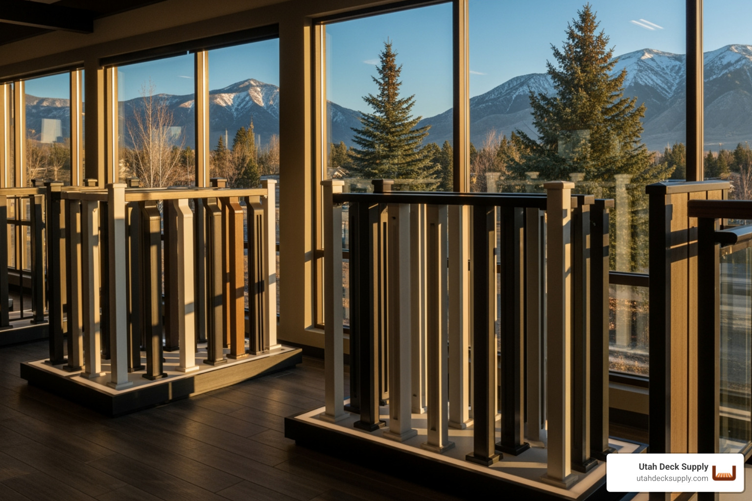 homeowner looking at different railing material samples in a showroom in Salt Lake City - deck stair railing homeowner looking at different railing material samples in a showroom in Salt Lake City - deck stair railing