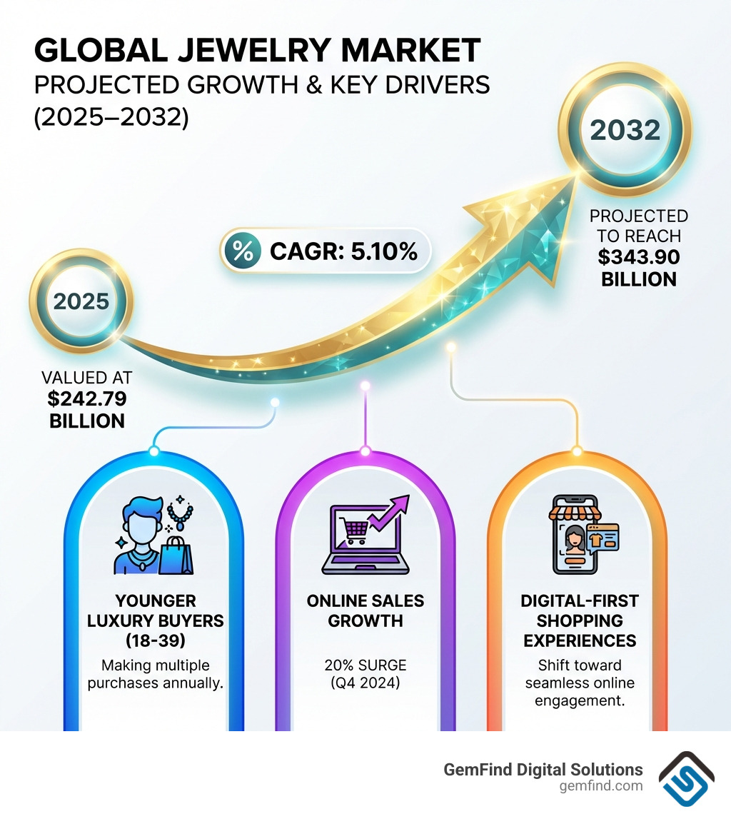 Infographic showing the global jewelry market projected growth from $242.79 billion in 2025 to $343.90 billion by 2032, with a 5.10% CAGR, highlighting key market drivers including younger luxury buyers making multiple purchases, 20% growth in online sales, and the shift toward digital-first shopping experiences - jewelry brand marketing infographic Infographic showing the global jewelry market projected growth from $242.79 billion in 2025 to $343.90 billion by 2032, with a 5.10% CAGR, highlighting key market drivers including younger luxury buyers making multiple purchases, 20% growth in online sales, and the shift toward digital-first shopping experiences - jewelry brand marketing infographic