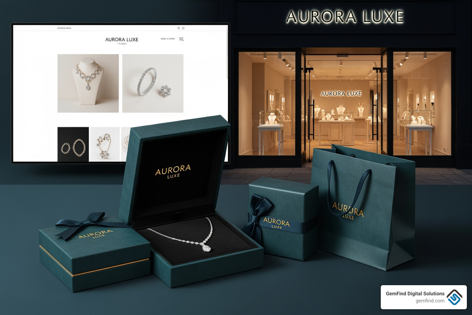 a cohesive brand identity suite, including luxury packaging, a logo on a storefront, and a website homepage - jewelry brand marketing a cohesive brand identity suite, including luxury packaging, a logo on a storefront, and a website homepage - jewelry brand marketing