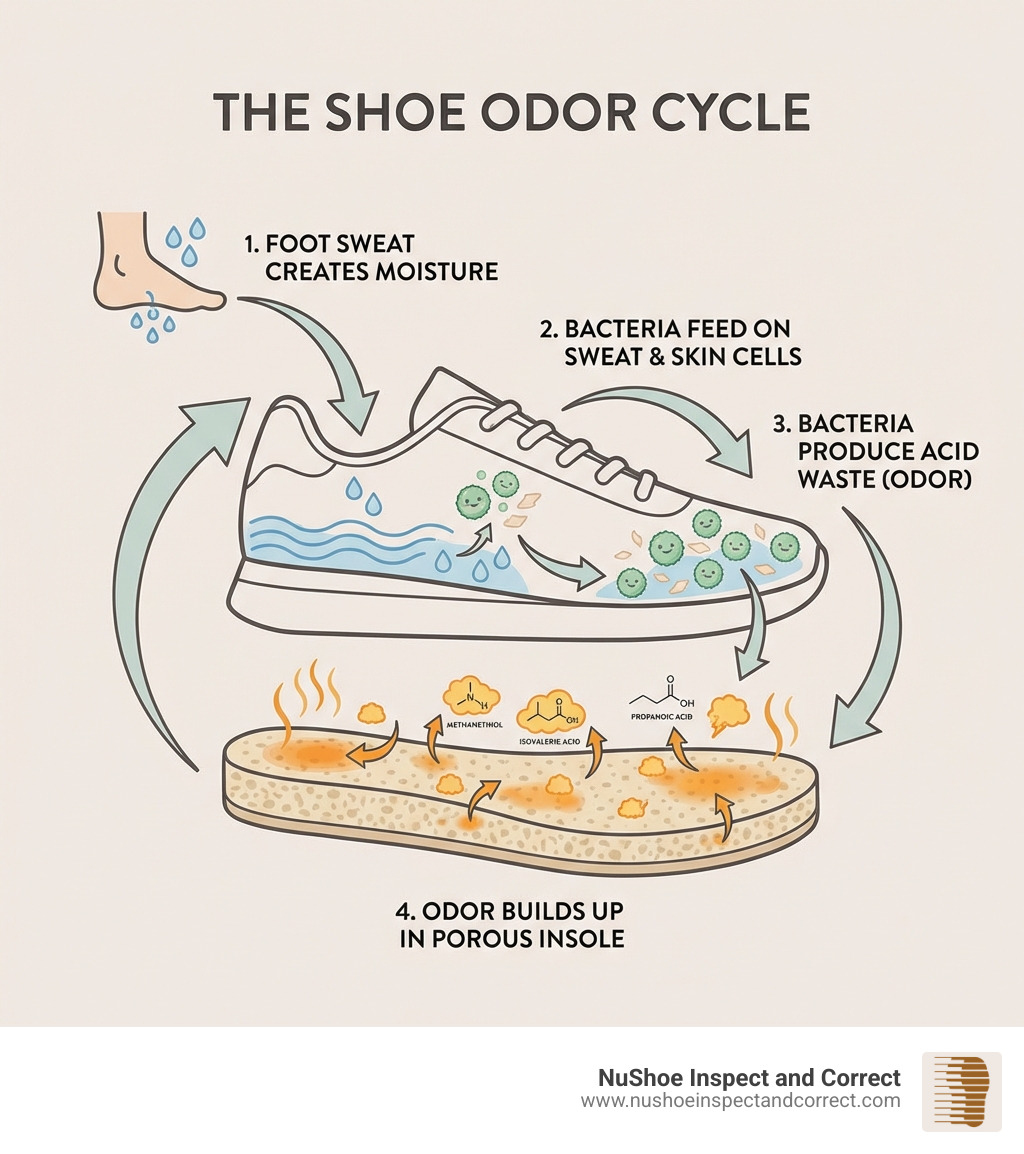 infographic showing the cycle of foot sweat creating moisture in shoes, bacteria feeding on sweat and dead skin cells, bacteria producing organic acid waste that causes odor, and odor building up in porous insole materials - how to de stink sneakers infographic infographic showing the cycle of foot sweat creating moisture in shoes, bacteria feeding on sweat and dead skin cells, bacteria producing organic acid waste that causes odor, and odor building up in porous insole materials - how to de stink sneakers infographic