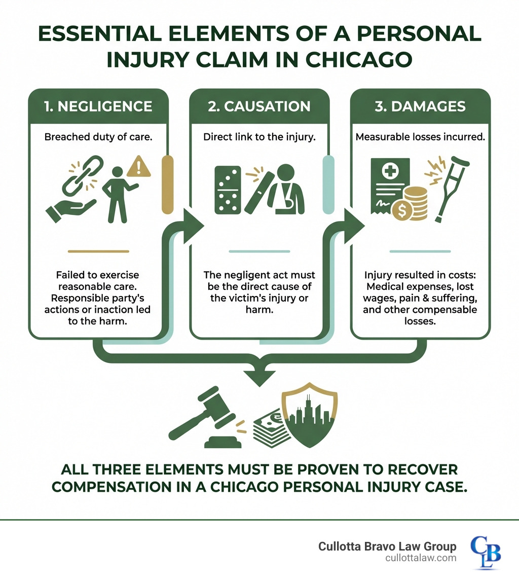 Infographic showing the three essential elements of a personal injury claim: 1. Negligence - The responsible party failed to exercise reasonable care and breached their duty. 2. Causation - The negligent act directly caused the injury or harm to the victim. 3. Damages - The injury resulted in measurable losses including medical expenses, lost wages, pain and suffering, and other compensatory damages. All three elements must be proven to recover compensation in a Chicago personal injury case. - personal injury lawyer chicago infographic 