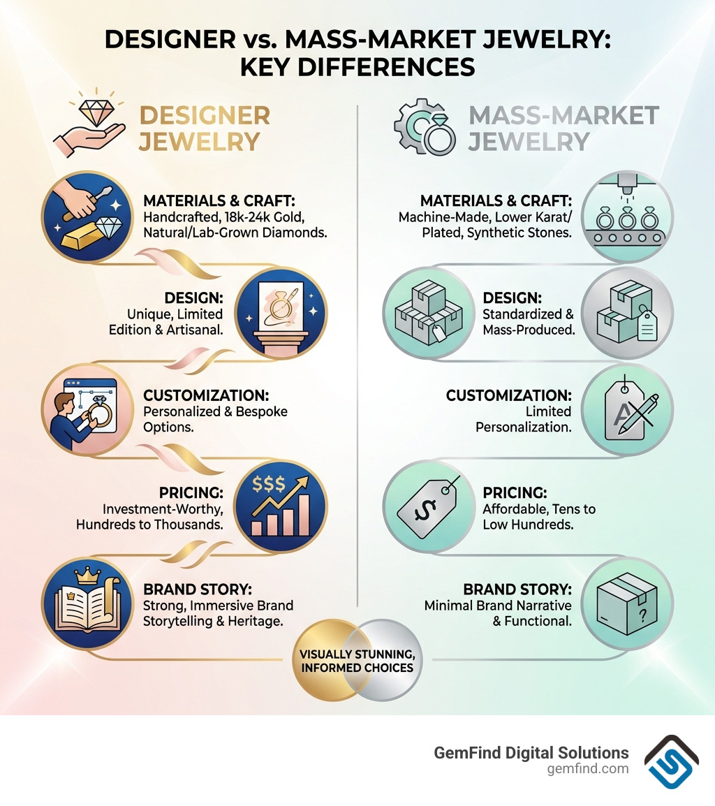 Infographic showing key differences between designer and mass-market jewelry: Designer jewelry features handcrafted pieces with 18k-24k gold and natural/lab-grown diamonds, unique limited edition designs, personalized customization options, investment-worthy pricing from hundreds to thousands of dollars, and strong brand storytelling. Mass-market jewelry uses machine-made pieces with lower karat gold or plated metals and synthetic stones, standardized mass-produced designs, limited personalization, affordable pricing from tens to low hundreds of dollars, and minimal brand narrative. - designer jewelry website infographic 