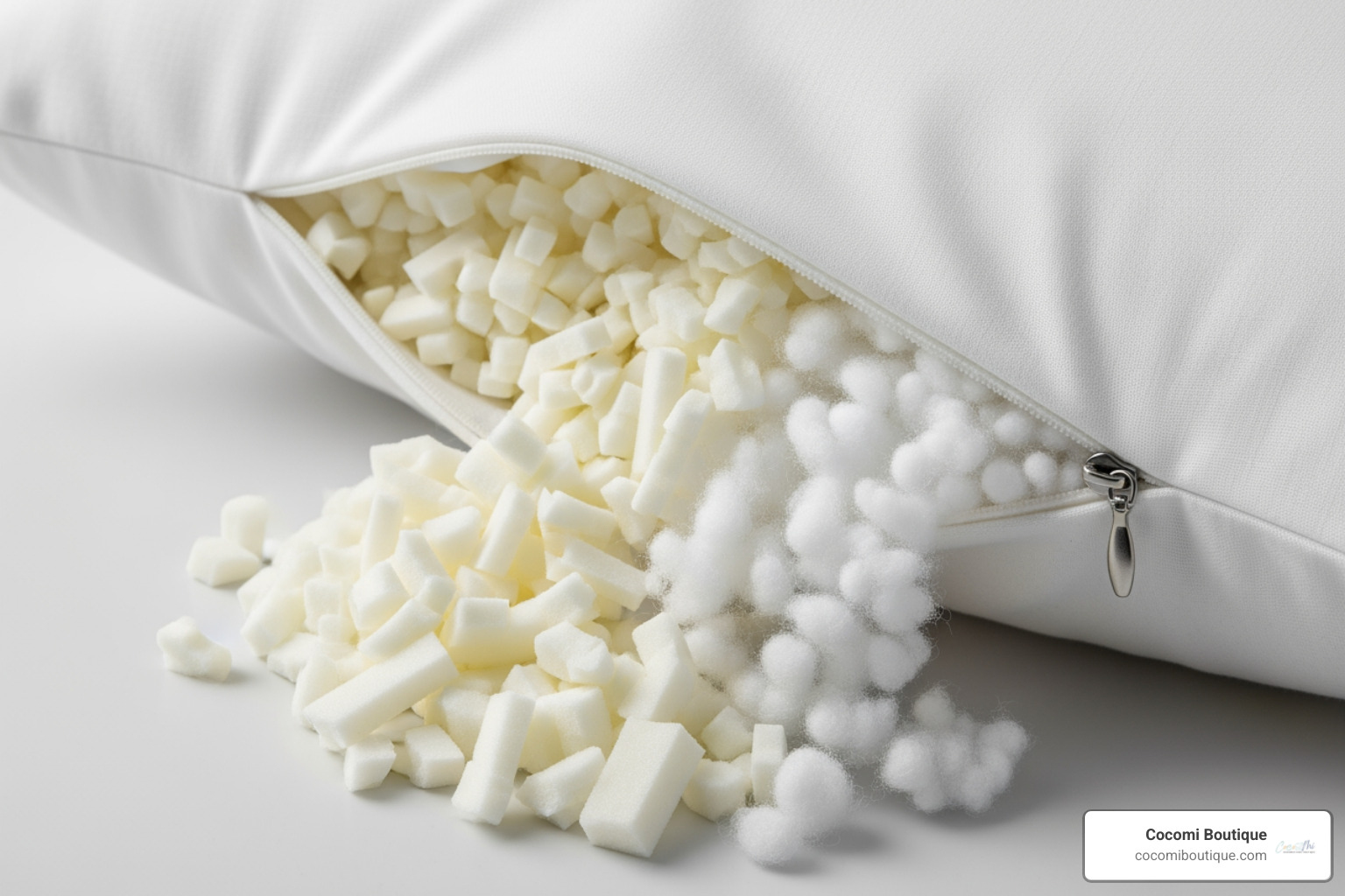 Pillow with its cover partially unzipped to show the shredded fill - nest sleep pillow
