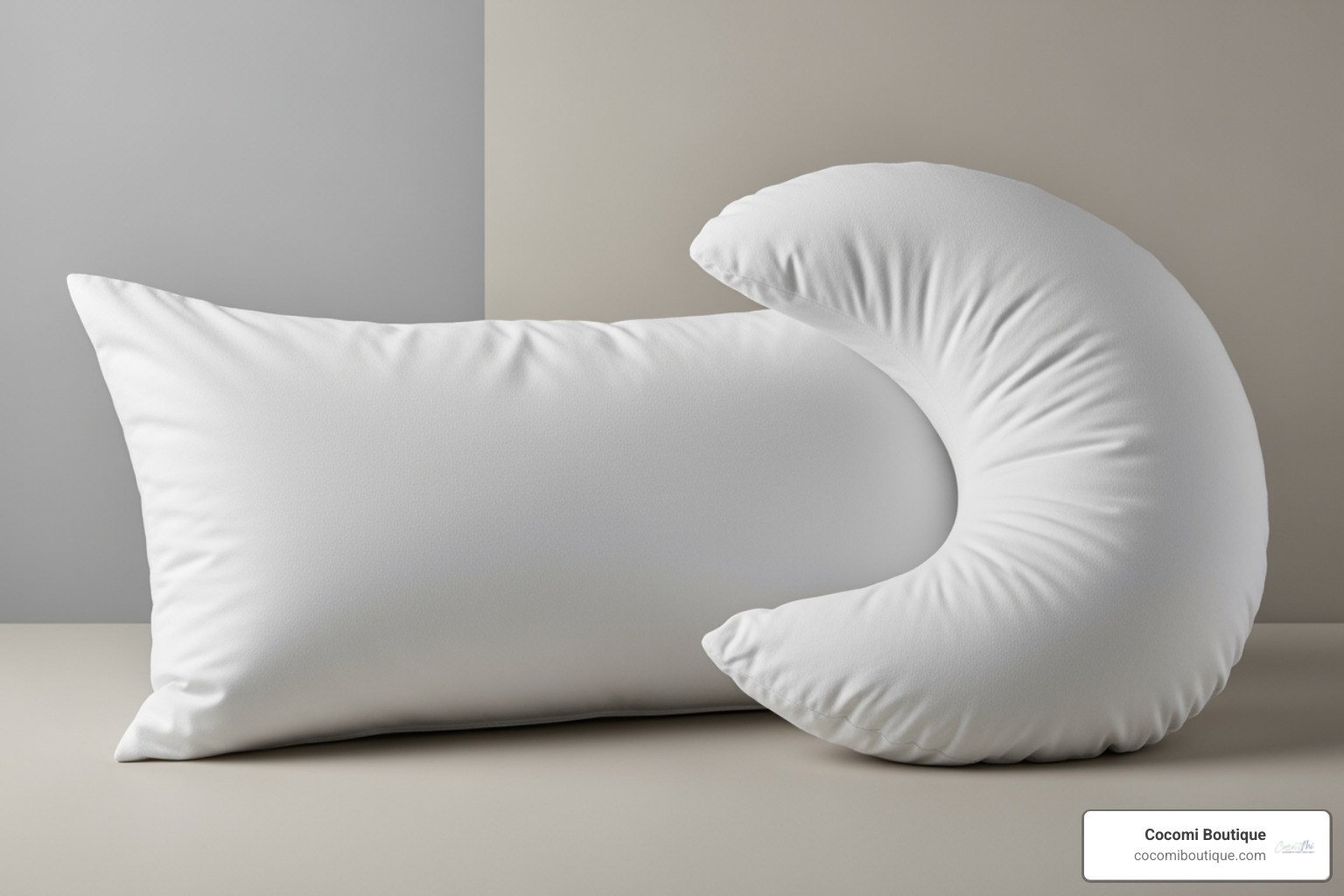Standard pillow next to the crescent-shaped side sleeper pillow - nest sleep pillow