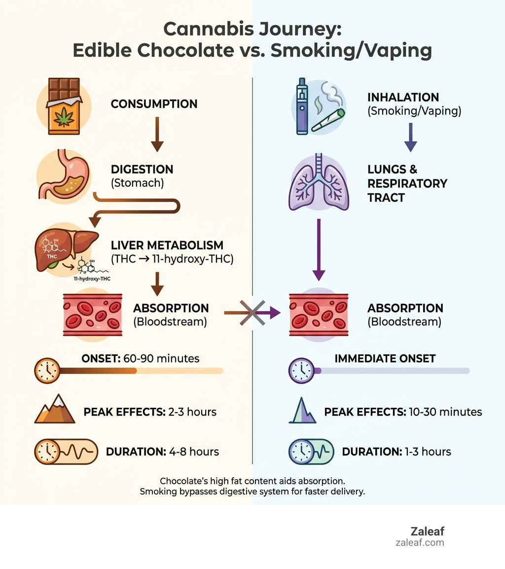 Infographic showing the journey of cannabis edible chocolate through the body: consumption, digestion in stomach, liver metabolism converting THC to 11-hydroxy-THC, absorption into bloodstream, onset at 60-90 minutes, peak effects at 2-3 hours, and duration of 4-8 hours, compared side-by-side with smoking/vaping showing immediate onset but shorter 1-3 hour duration - cannabis edible chocolate infographic Infographic showing the journey of cannabis edible chocolate through the body: consumption, digestion in stomach, liver metabolism converting THC to 11-hydroxy-THC, absorption into bloodstream, onset at 60-90 minutes, peak effects at 2-3 hours, and duration of 4-8 hours, compared side-by-side with smoking/vaping showing immediate onset but shorter 1-3 hour duration - cannabis edible chocolate infographic