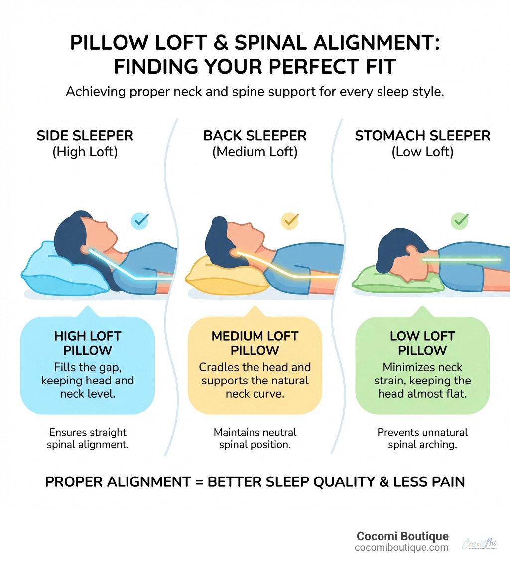 Infographic showing how different pillow lofts support spinal alignment for side sleepers (high loft), back sleepers (medium loft), and stomach sleepers (low loft), with illustrations of proper neck and spine positioning for each sleep position - nest sleep pillow infographic 