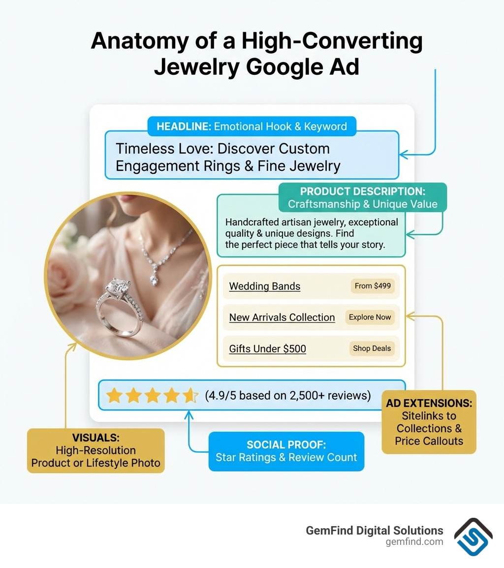 Anatomy of a high-converting jewelry ad showing headline with emotional hook and keyword, product description highlighting craftsmanship and unique value, high-resolution product image or lifestyle photo, ad extensions including sitelinks to collections and price callouts, and social proof elements like star ratings and review count - best jewelry google ads infographic 