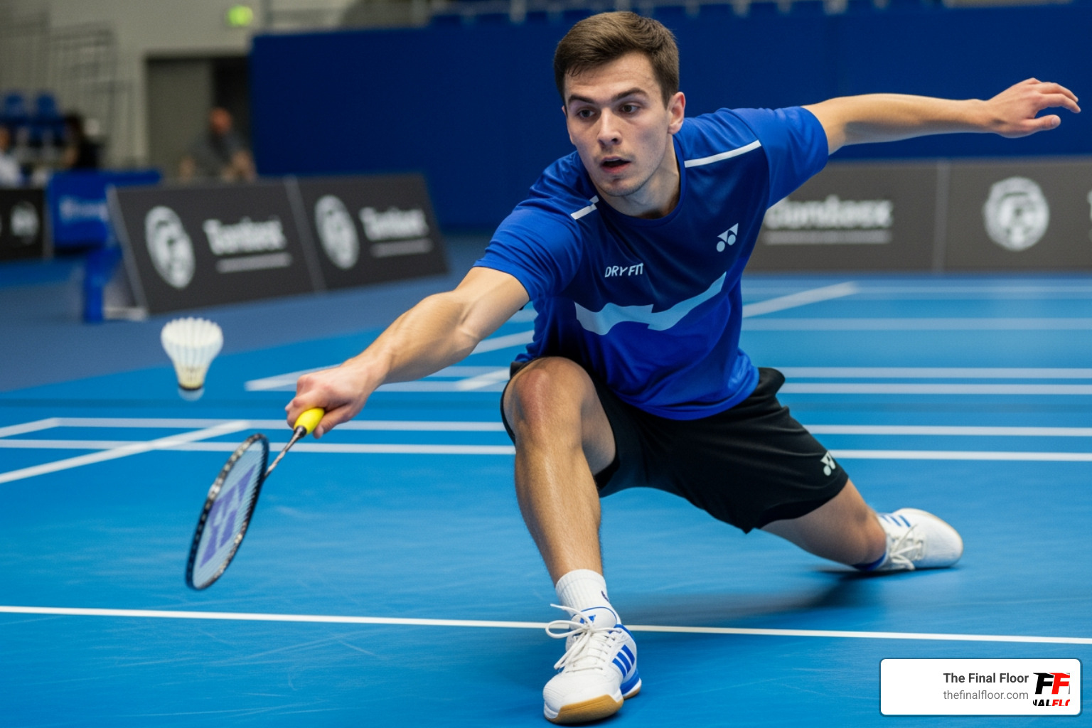 player lunging on a synthetic court - synthetic badminton court