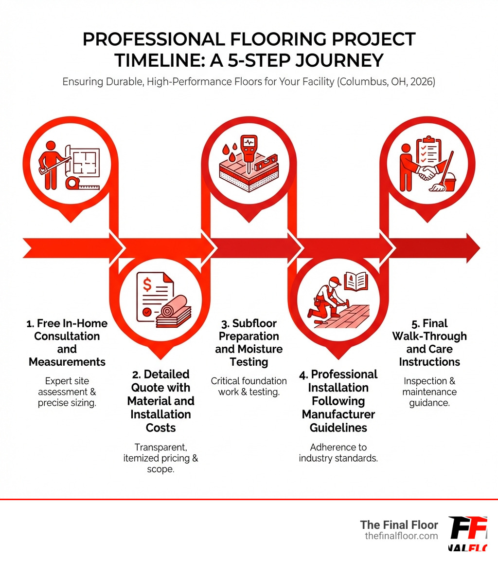 Infographic showing the 5-step professional flooring project timeline: Step 1 - Free In-Home Consultation and Measurements, Step 2 - Detailed Quote with Material and Installation Costs, Step 3 - Subfloor Preparation and Moisture Testing, Step 4 - Professional Installation Following Manufacturer Guidelines, Step 5 - Final Walk-Through and Care Instructions - flooring contractors columbus ohio infographic Infographic showing the 5-step professional flooring project timeline: Step 1 - Free In-Home Consultation and Measurements, Step 2 - Detailed Quote with Material and Installation Costs, Step 3 - Subfloor Preparation and Moisture Testing, Step 4 - Professional Installation Following Manufacturer Guidelines, Step 5 - Final Walk-Through and Care Instructions - flooring contractors columbus ohio infographic