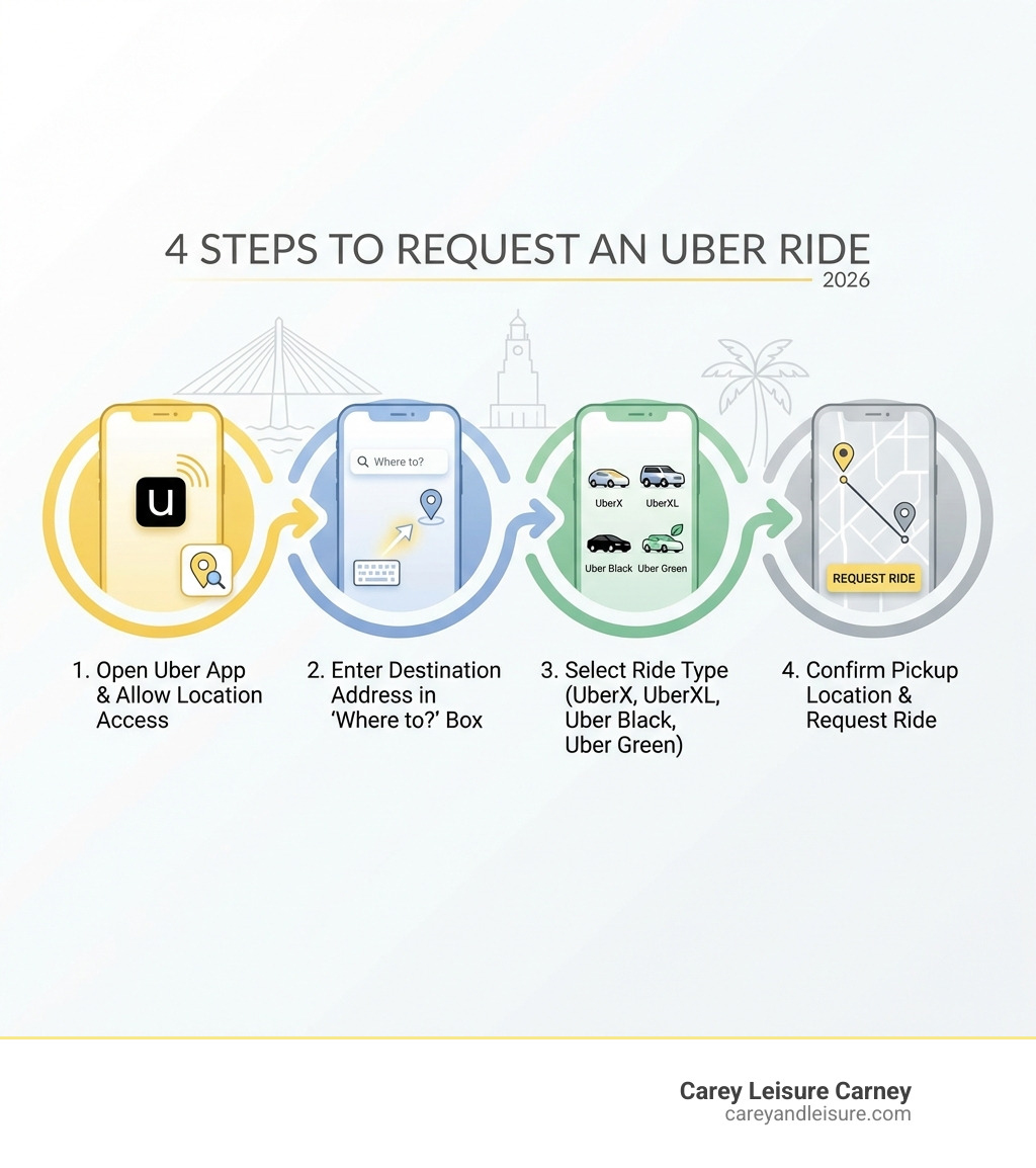 infographic showing 4 steps to request uber ride: step 1 open uber app and allow location access, step 2 enter your destination address in where to box, step 3 select ride type uberx uberxl uber black or uber green, step 4 confirm pickup location and request ride - St Petersburg Uber infographic infographic showing 4 steps to request uber ride: step 1 open uber app and allow location access, step 2 enter your destination address in where to box, step 3 select ride type uberx uberxl uber black or uber green, step 4 confirm pickup location and request ride - St Petersburg Uber infographic