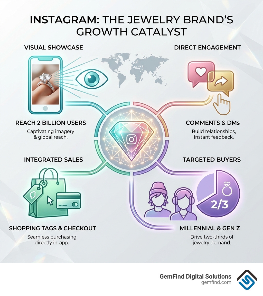 Infographic showing the core benefits of Instagram for jewelry brands: a visual showcase reaching 2 billion users, direct customer engagement through comments and DMs, integrated sales channel with shopping tags and checkout, and targeted access to Millennial and Gen Z buyers who drive two-thirds of jewelry demand - Jewelry Instagram marketing infographic Infographic showing the core benefits of Instagram for jewelry brands: a visual showcase reaching 2 billion users, direct customer engagement through comments and DMs, integrated sales channel with shopping tags and checkout, and targeted access to Millennial and Gen Z buyers who drive two-thirds of jewelry demand - Jewelry Instagram marketing infographic