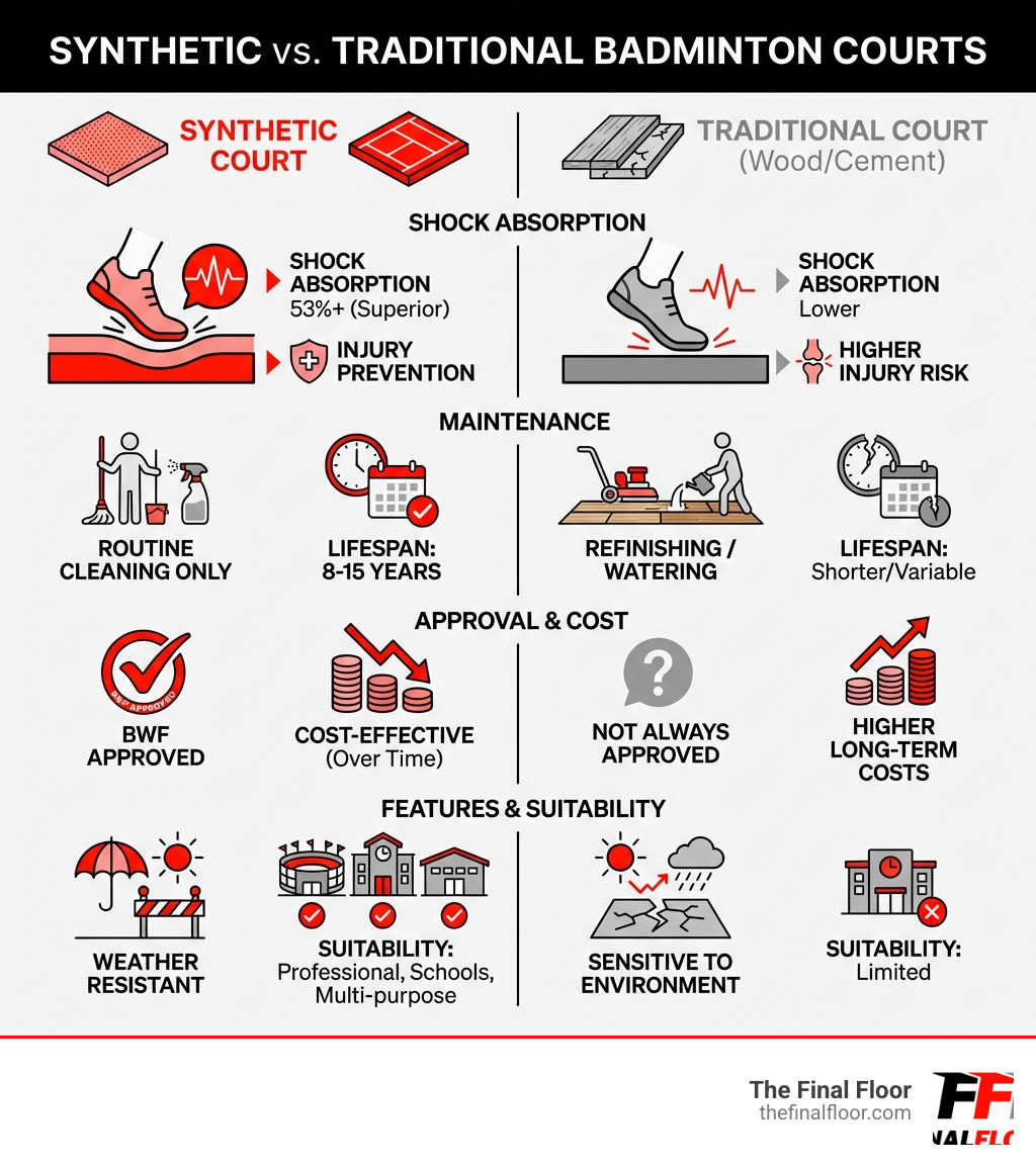 Infographic comparing synthetic badminton courts to traditional surfaces, showing advantages in shock absorption (53%+ vs lower for wood/cement), maintenance requirements (routine cleaning only vs refinishing/watering), lifespan (8-15 years), BWF approval status, cost-effectiveness over time, weather resistance, injury prevention features, and suitability for different facility types - synthetic badminton court infographic 