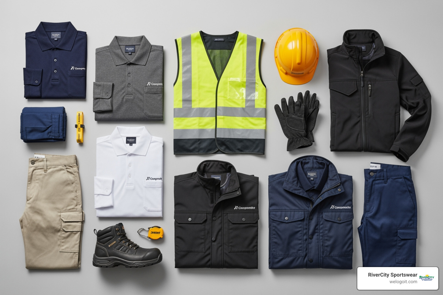 flat-lay showing various types of workwear like polos, jackets, and hi-vis vests - personalised workwear clothing flat-lay showing various types of workwear like polos, jackets, and hi-vis vests - personalised workwear clothing