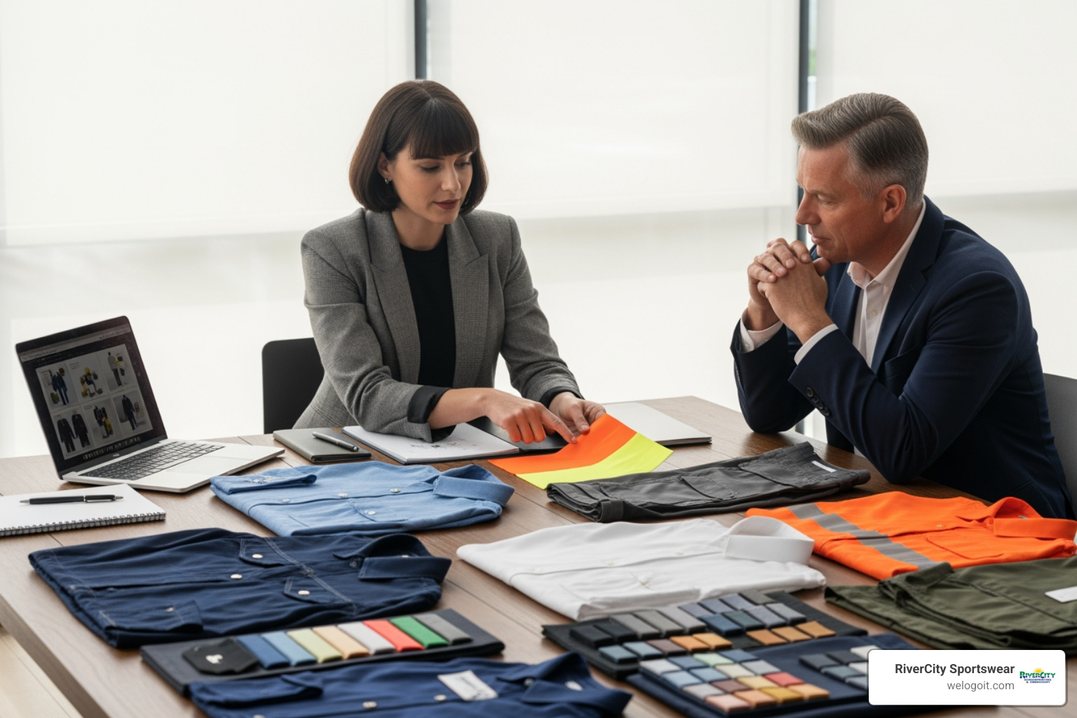 designer consulting with a client over workwear options - personalised workwear clothing designer consulting with a client over workwear options - personalised workwear clothing