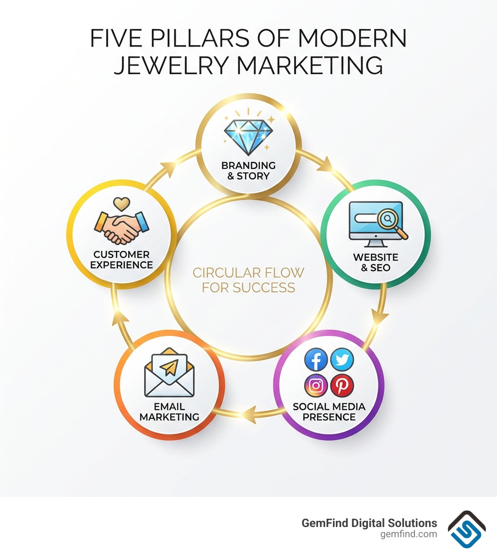 infographic showing five pillars of modern jewelry marketing with icons: a diamond representing Branding and Story, a computer screen for Website and SEO, social media icons for Social Media Presence, an envelope for Email Marketing, and a handshake for Customer Experience, all connected in a circular flow - best jewelry marketing infographic 