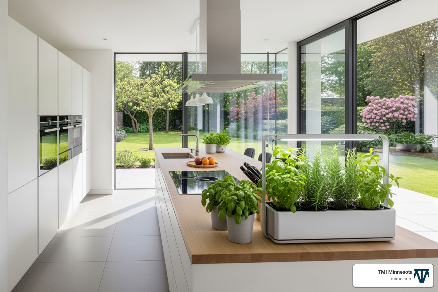 A modern kitchen featuring an indoor herb garden on the counter, large windows overlooking a lush green backyard, and an open layout that creates an outdoor vibe. - indoor outdoor remodeling A modern kitchen featuring an indoor herb garden on the counter, large windows overlooking a lush green backyard, and an open layout that creates an outdoor vibe. - indoor outdoor remodeling