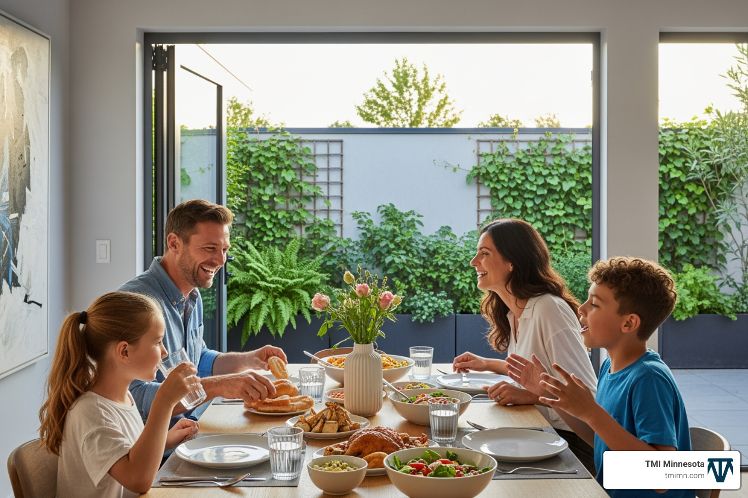 Family enjoying a meal in a connected indoor-outdoor dining area with large glass doors open to a patio. - indoor outdoor remodeling Family enjoying a meal in a connected indoor-outdoor dining area with large glass doors open to a patio. - indoor outdoor remodeling