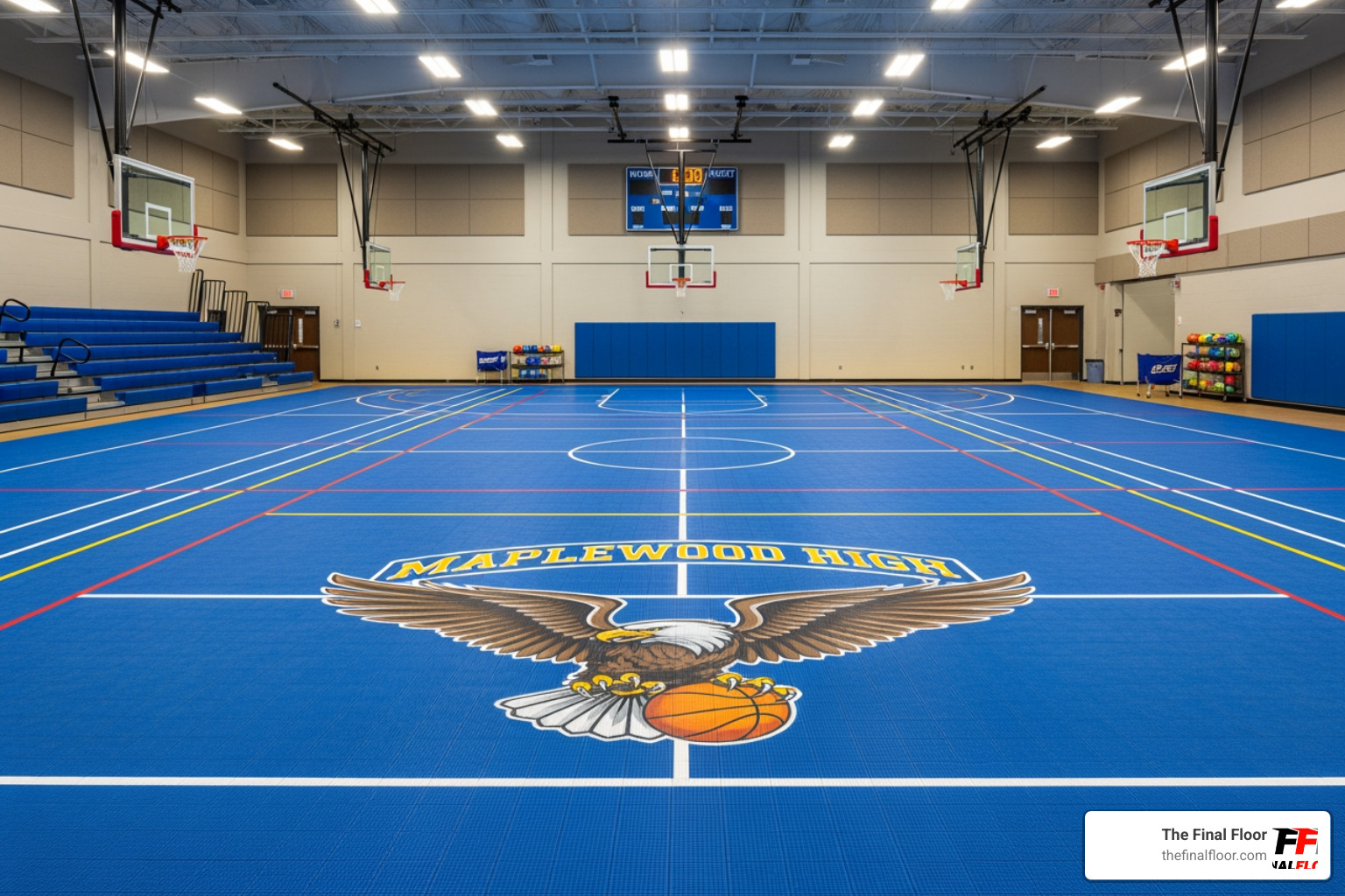 custom logo and game lines on a synthetic court - synthetic sports flooring