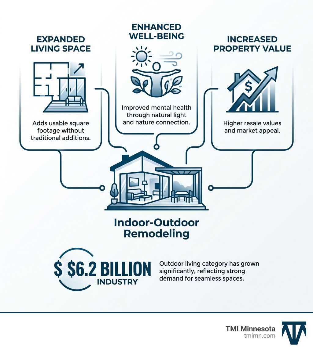 Infographic showing the primary benefits of indoor-outdoor remodeling: Expanded Living Space (adds usable square footage without traditional additions), Enhanced Well-being (improved mental health through natural light and nature connection), and Increased Property Value (higher resale values and market appeal). Includes icons representing each benefit and the $6.2 billion industry statistic. - indoor outdoor remodeling infographic Infographic showing the primary benefits of indoor-outdoor remodeling: Expanded Living Space (adds usable square footage without traditional additions), Enhanced Well-being (improved mental health through natural light and nature connection), and Increased Property Value (higher resale values and market appeal). Includes icons representing each benefit and the $6.2 billion industry statistic. - indoor outdoor remodeling infographic