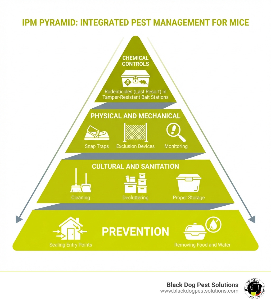 Infographic showing the IPM pyramid for mouse control with four tiers from bottom to top: Prevention (sealing entry points, removing food and water), Cultural and Sanitation (cleaning, decluttering, proper storage), Physical and Mechanical (snap traps, exclusion devices, monitoring), and Chemical Controls at the top (rodenticides as last resort in tamper-resistant bait stations) - Integrated pest management mice infographic Infographic showing the IPM pyramid for mouse control with four tiers from bottom to top: Prevention (sealing entry points, removing food and water), Cultural and Sanitation (cleaning, decluttering, proper storage), Physical and Mechanical (snap traps, exclusion devices, monitoring), and Chemical Controls at the top (rodenticides as last resort in tamper-resistant bait stations) - Integrated pest management mice infographic