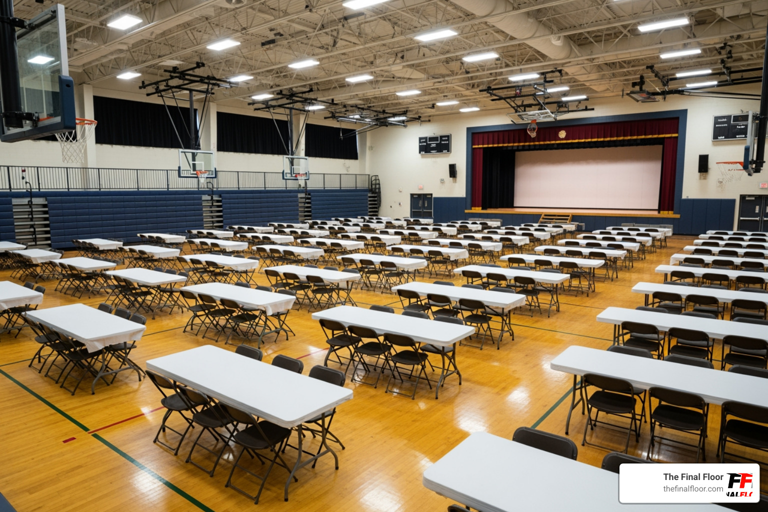 gym set up for a non-sporting event with chairs and tables - school gym floors gym set up for a non-sporting event with chairs and tables - school gym floors