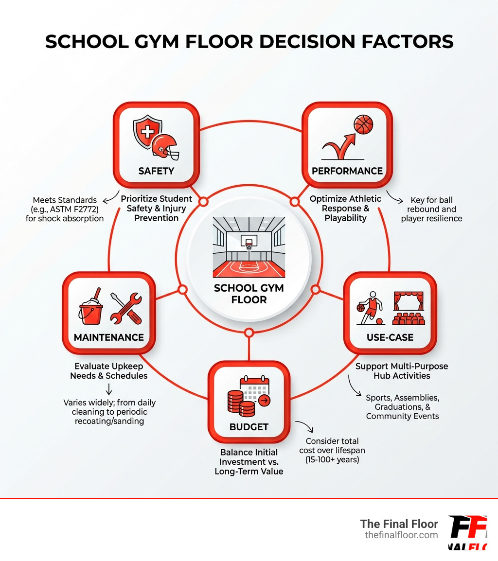 infographic explaining key decision factors for a school gym floor: Safety, Performance, Use-Case, Budget, Maintenance - school gym floors infographic infographic explaining key decision factors for a school gym floor: Safety, Performance, Use-Case, Budget, Maintenance - school gym floors infographic