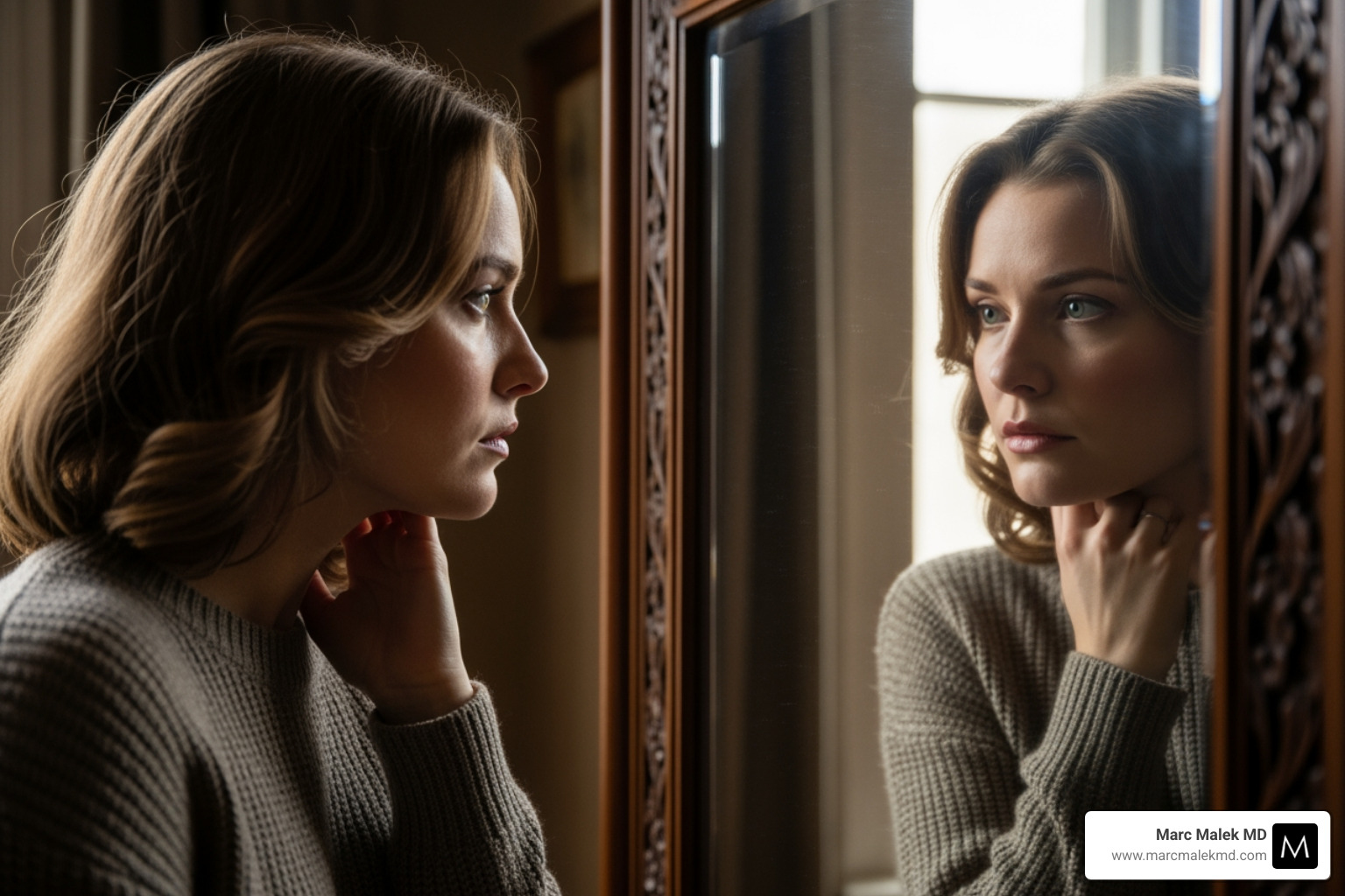 woman looking thoughtfully in mirror - bii symptoms woman looking thoughtfully in mirror - bii symptoms