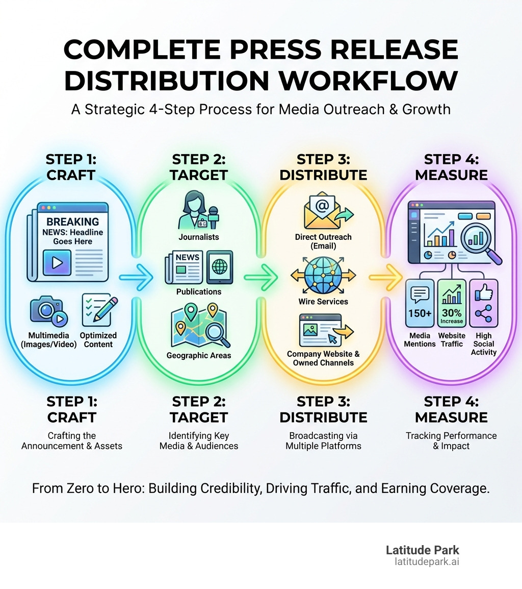 Detailed infographic showing the complete press release distribution workflow: Step 1 shows a document with headline and multimedia being crafted; Step 2 shows targeting icons including journalists, publications, and geographic maps; Step 3 shows distribution channels including email, wire services, and company website; Step 4 shows measurement dashboard with metrics like media mentions, website traffic, and engagement rates - press release how to distribute infographic 