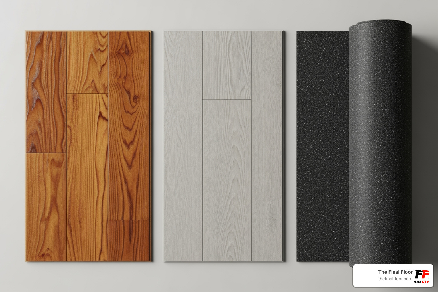 side-by-side samples of hardwood, synthetic vinyl, and rolled rubber flooring - athletic flooring solutions side-by-side samples of hardwood, synthetic vinyl, and rolled rubber flooring - athletic flooring solutions