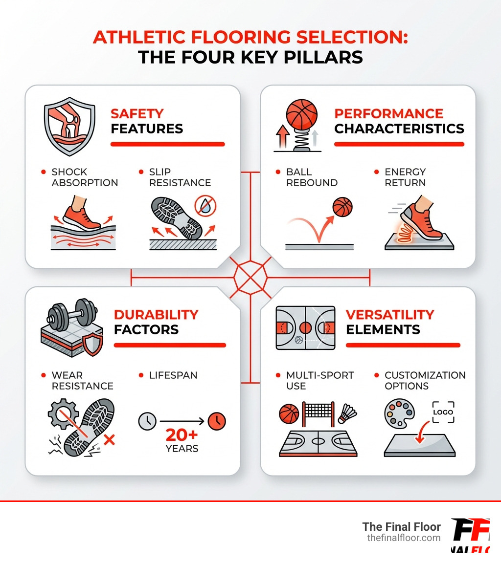 infographic showing the four key pillars of athletic flooring selection: Safety features including shock absorption and slip resistance; Performance characteristics like ball rebound and energy return; Durability factors such as wear resistance and lifespan; and Versatility elements including multi-sport use and customization options - athletic flooring solutions infographic infographic showing the four key pillars of athletic flooring selection: Safety features including shock absorption and slip resistance; Performance characteristics like ball rebound and energy return; Durability factors such as wear resistance and lifespan; and Versatility elements including multi-sport use and customization options - athletic flooring solutions infographic