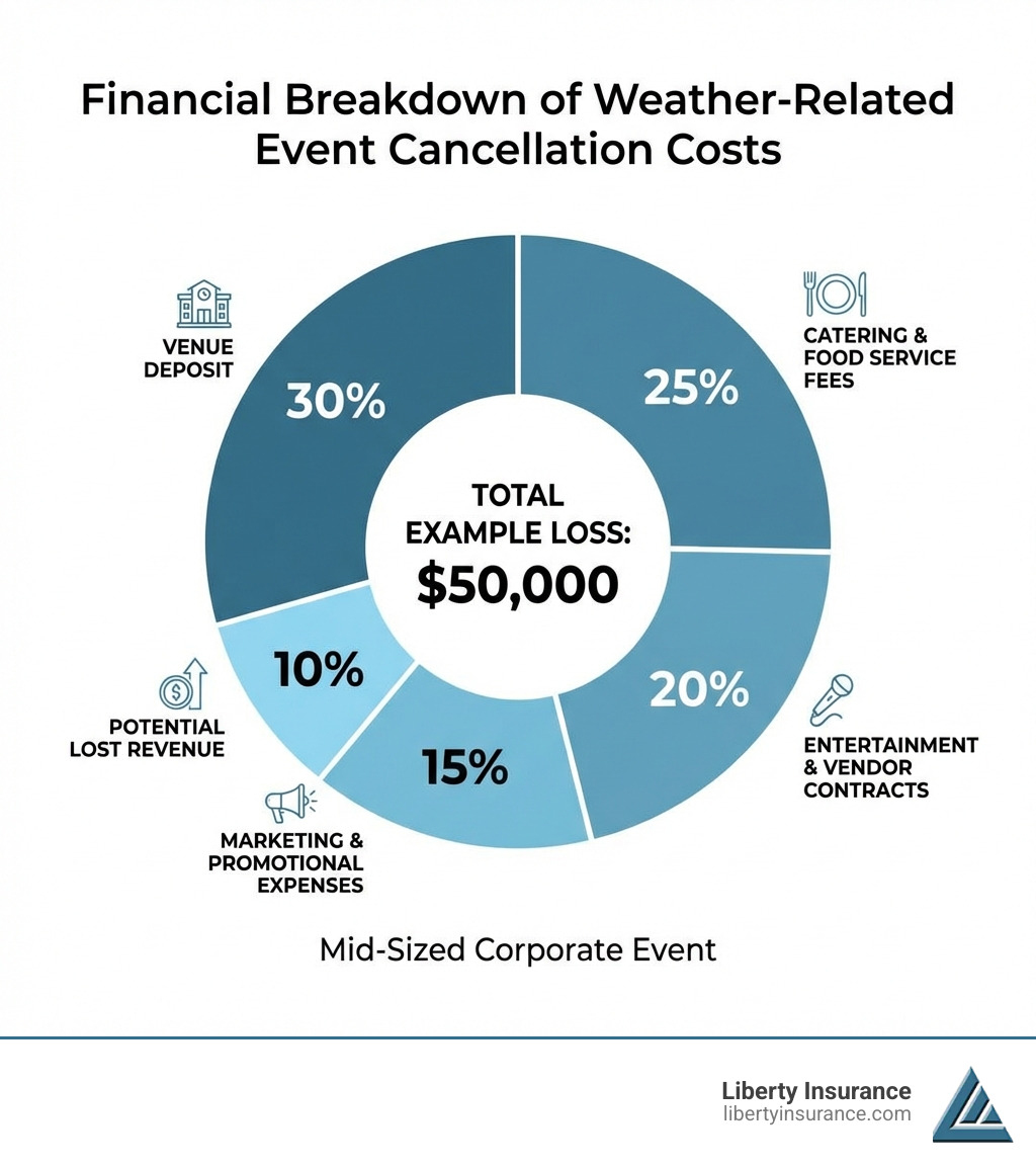 Infographic showing the financial breakdown of weather-related event cancellation costs: venue deposit (30%), catering and food service fees (25%), entertainment and vendor contracts (20%), marketing and promotional expenses (15%), and potential lost revenue (10%), with a total example loss of $50,000 for a mid-sized corporate event - Weather cancellation insurance infographic Infographic showing the financial breakdown of weather-related event cancellation costs: venue deposit (30%), catering and food service fees (25%), entertainment and vendor contracts (20%), marketing and promotional expenses (15%), and potential lost revenue (10%), with a total example loss of $50,000 for a mid-sized corporate event - Weather cancellation insurance infographic