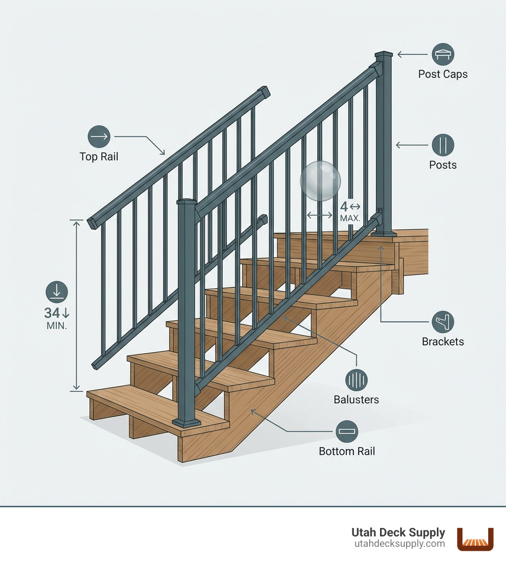 infographic showing the anatomy of a deck stair railing system with labeled components including top rail, bottom rail, balusters, posts, brackets, and post caps, with measurements showing 34-inch minimum height and 4-inch maximum baluster spacing - deck stair railing infographic infographic showing the anatomy of a deck stair railing system with labeled components including top rail, bottom rail, balusters, posts, brackets, and post caps, with measurements showing 34-inch minimum height and 4-inch maximum baluster spacing - deck stair railing infographic