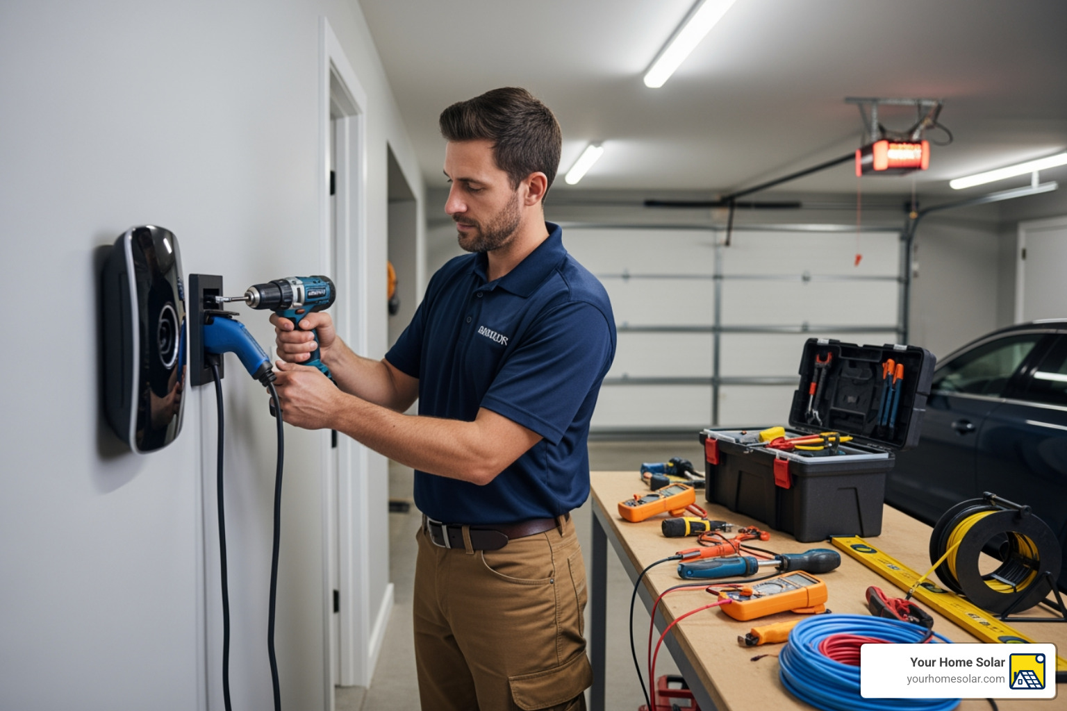 Licensed electrician installing an EV wall connector - Residential EV charging solutions Licensed electrician installing an EV wall connector - Residential EV charging solutions