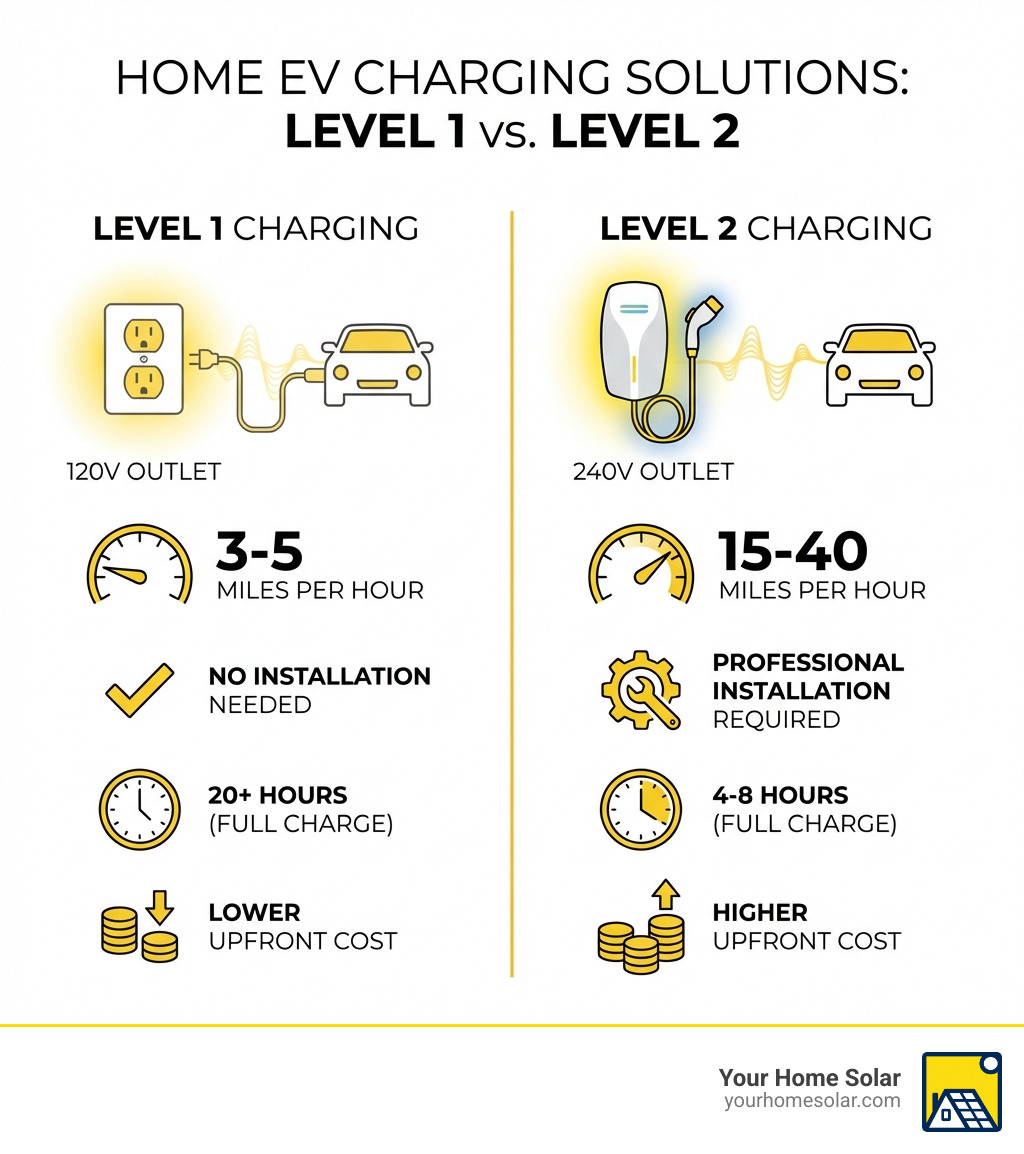 Infographic showing Level 1 charging (120V outlet, 3-5 miles per hour, no installation needed) versus Level 2 charging (240V outlet, 15-40 miles per hour, professional installation required), with icons of a standard outlet, a wall-mounted charger, charging speeds in hours, and cost comparison - Residential EV charging solutions infographic Infographic showing Level 1 charging (120V outlet, 3-5 miles per hour, no installation needed) versus Level 2 charging (240V outlet, 15-40 miles per hour, professional installation required), with icons of a standard outlet, a wall-mounted charger, charging speeds in hours, and cost comparison - Residential EV charging solutions infographic