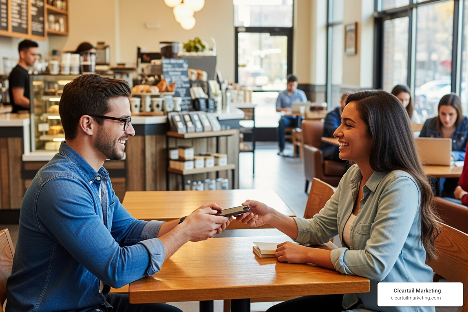 TWO PEOPLE EXCHANGING ITEM IN PUBLIC COFFEE SHOP - SELL USED STUFF ONLINE INSTANTLY
